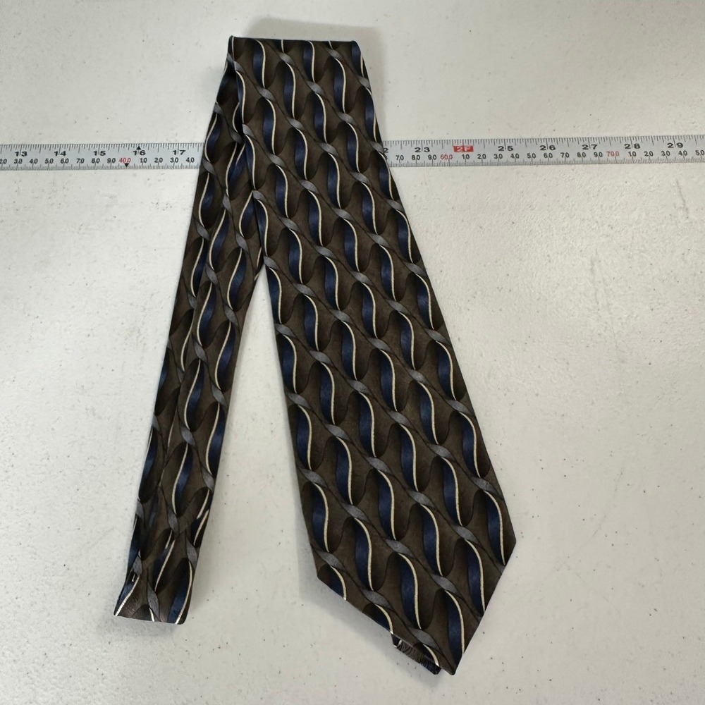 Louis Roth Mens Silk Necktie Brown Blue Geometric Wave Hand Sewn 4 Inch Wide